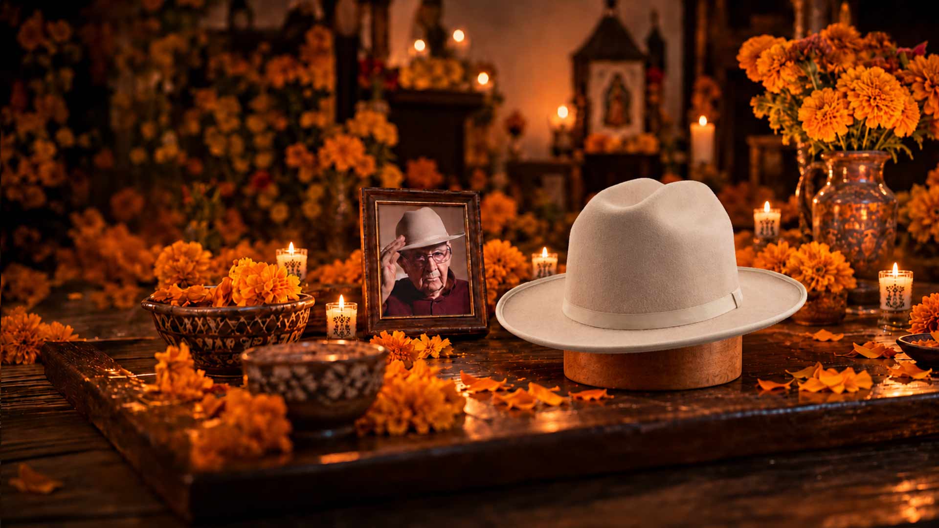 Sombrero La Nutria sobre una ofrenda de Día de Muertos, entre cempasúchil, velas y un retrato.