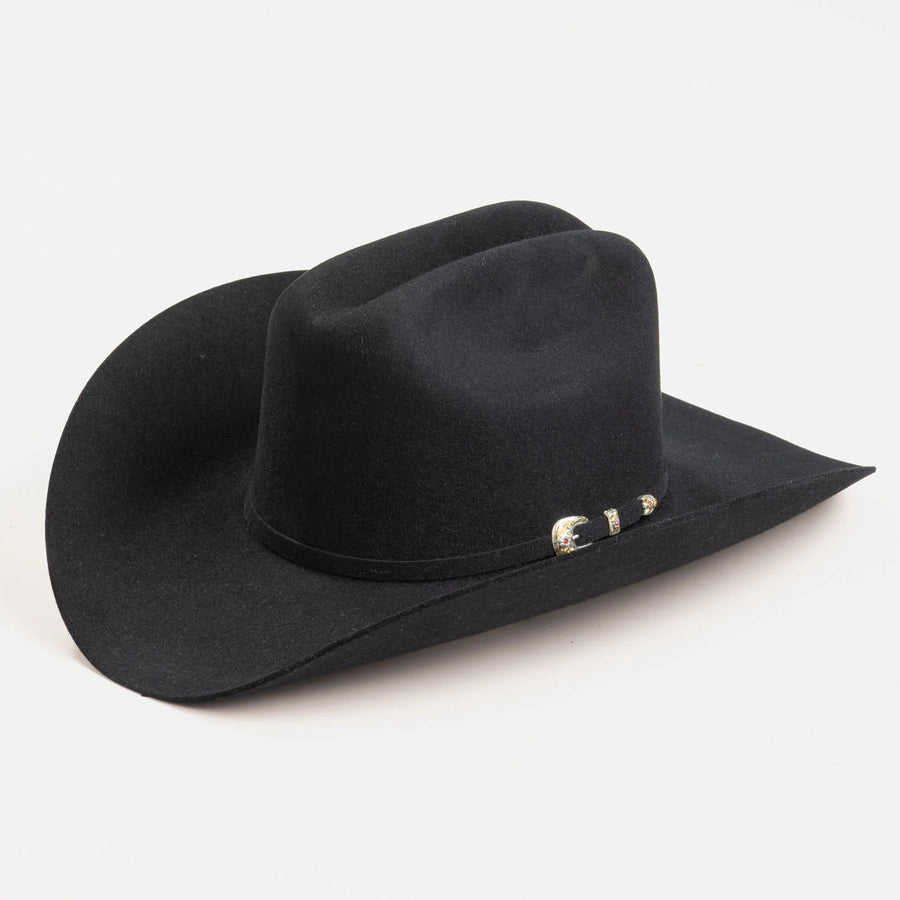 Sombrero vaquero Larry Mahan negro de pelo de conejo, ala ancha y adorno metálico.