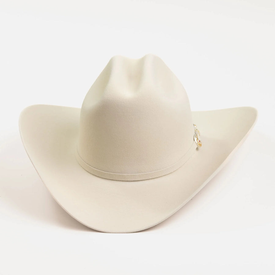 Sombrero vaquero Larry Mahan blanco de ala ancha y copa alta moldeada.