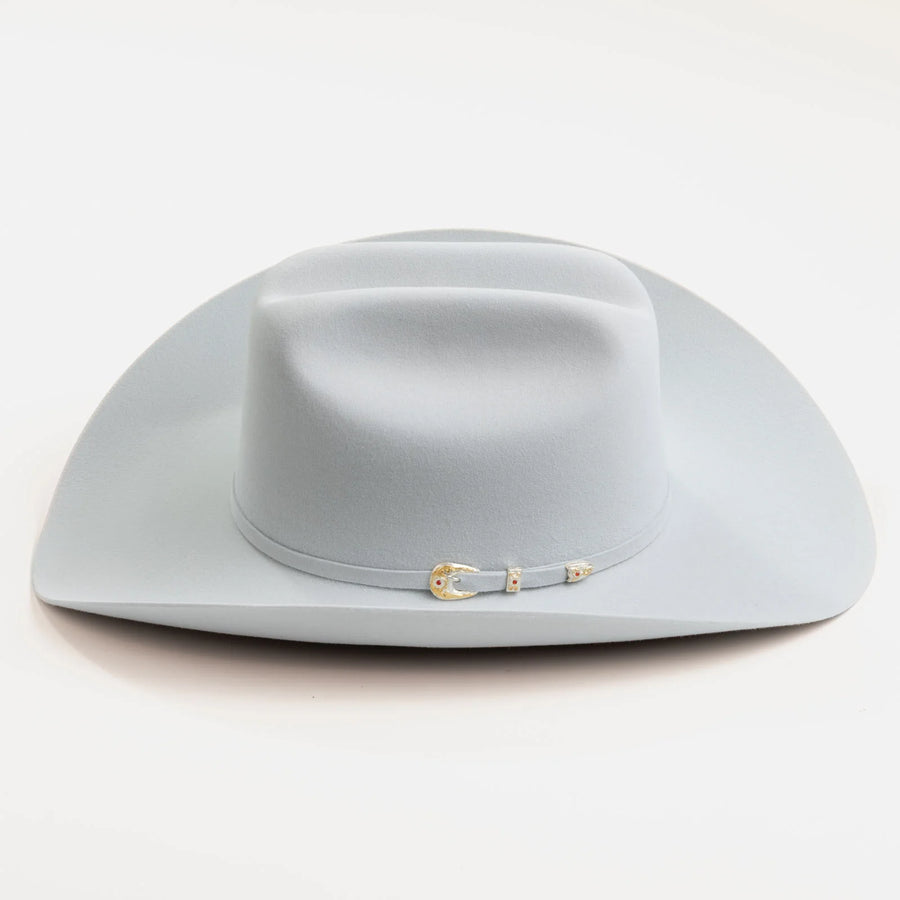 Sombrero Larry Mahan Real 6X gris claro, vista frontal con hebilla decorativa