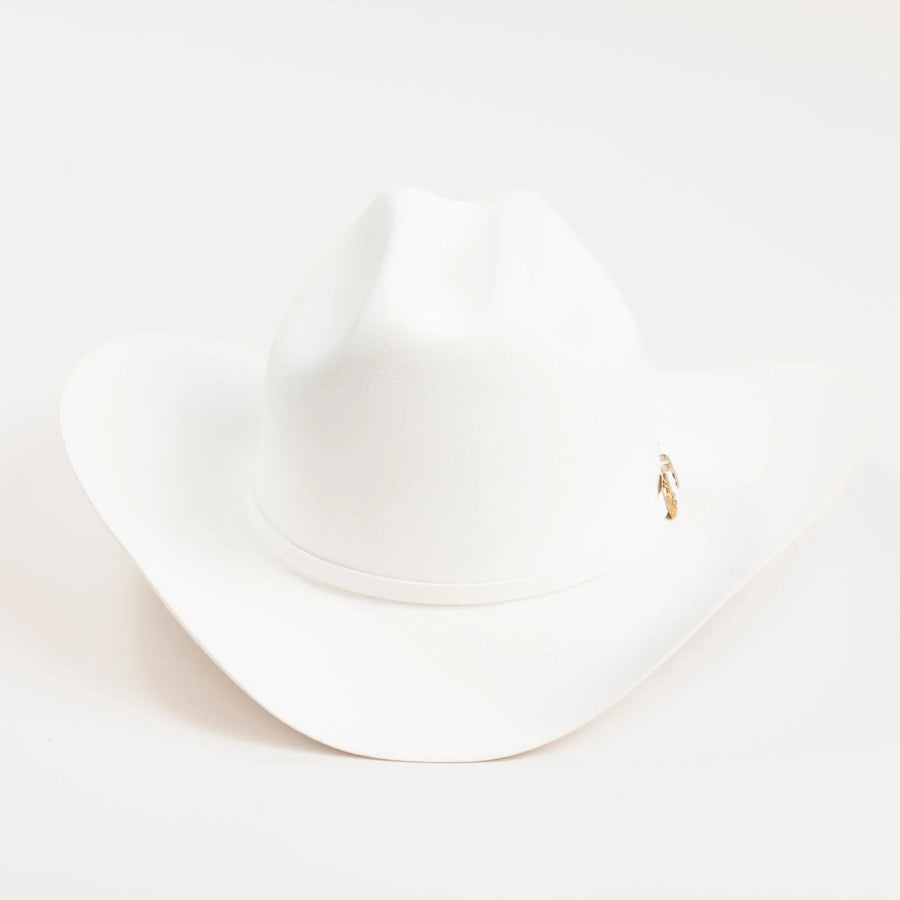 Sombrero Larry Mahan Real 6X blanco, vista posterior con copa moldeada y ala ancha