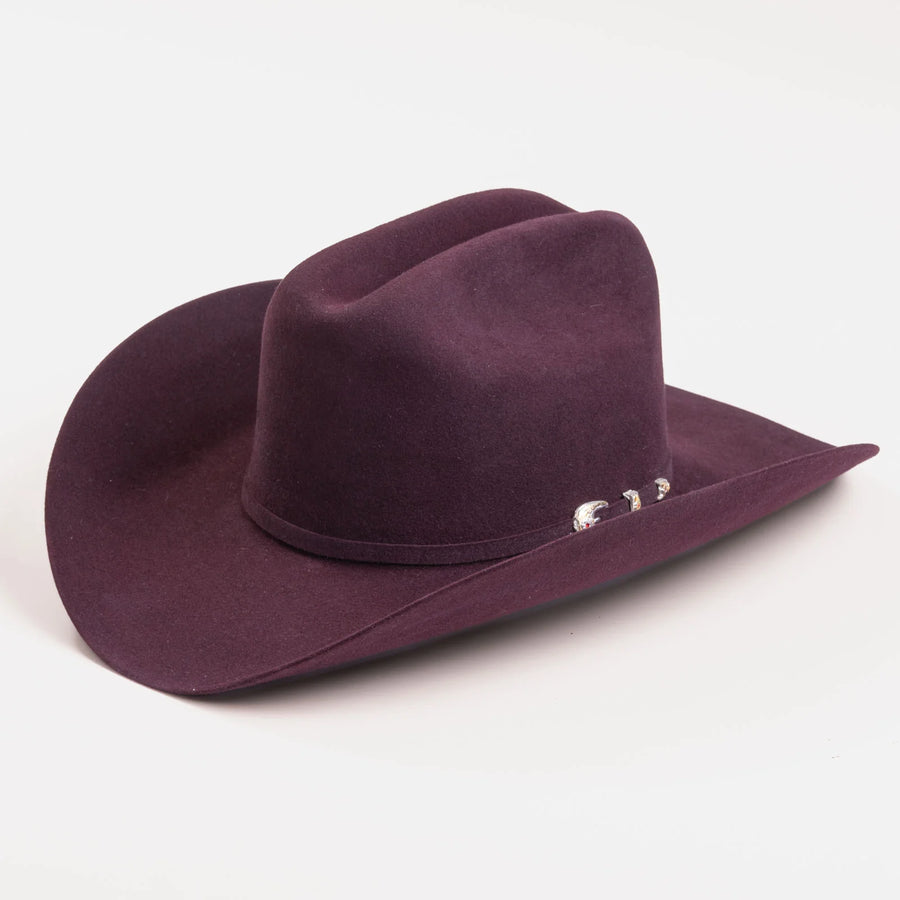 Sombrero Larry Mahan de pelo de conejo color borgoña, copa moldeada y ala ancha con adornos metálicos