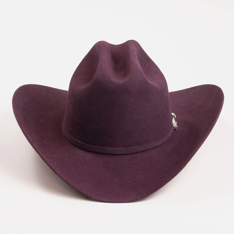 Sombrero vaquero Larry Mahan color borgoña, de ala ancha y copa alta moldeada.