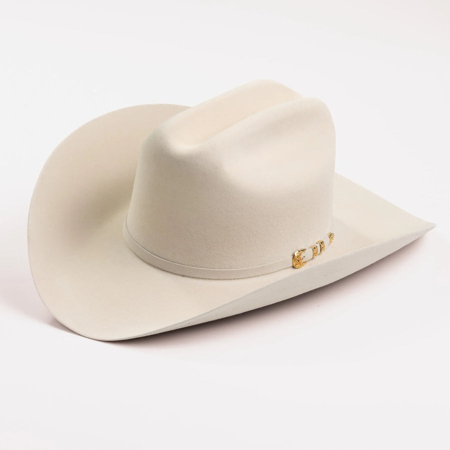 Sombrero vaquero Larry Mahan de pelo de conejo color blanco, ala ancha y adorno dorado.