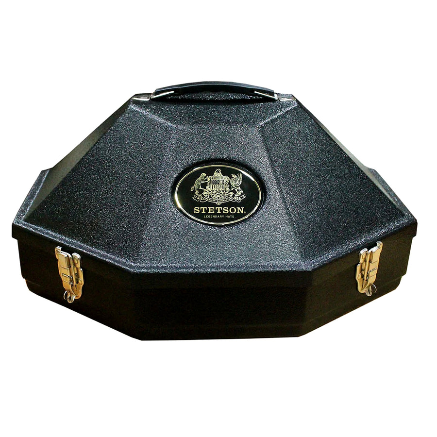 Estuche Stetson octogonal negro cerrado, con asa, placa de marca y cierres dorados